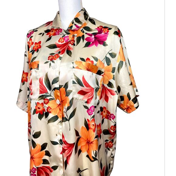Victoria's Secret Night Shirt Satiny Button Down in Tropical Florals Size L - Picture 1 of 8